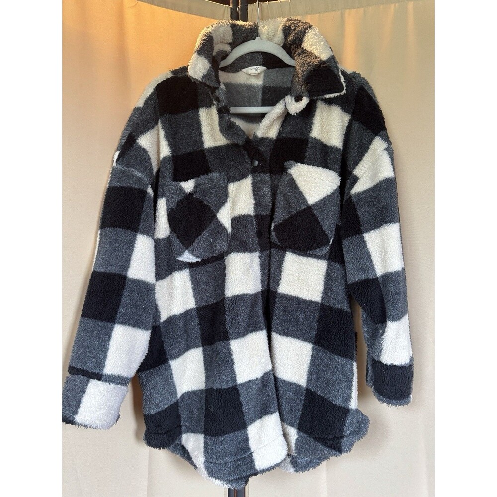 Terra Sky Fleece Snap Front Black And White Plaid Size 1X 4 Pockets
